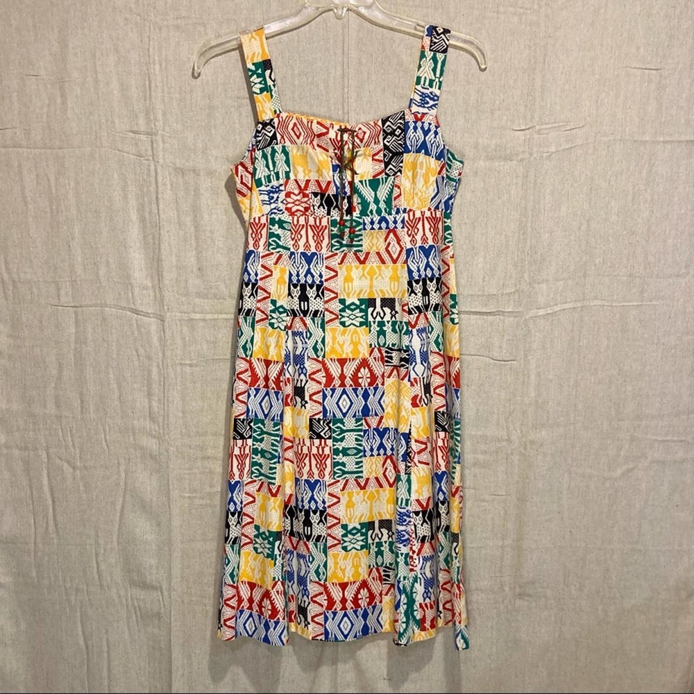 VTG Folk Textile Print Patchwork Dress with Lace Up Bodice Multicolor